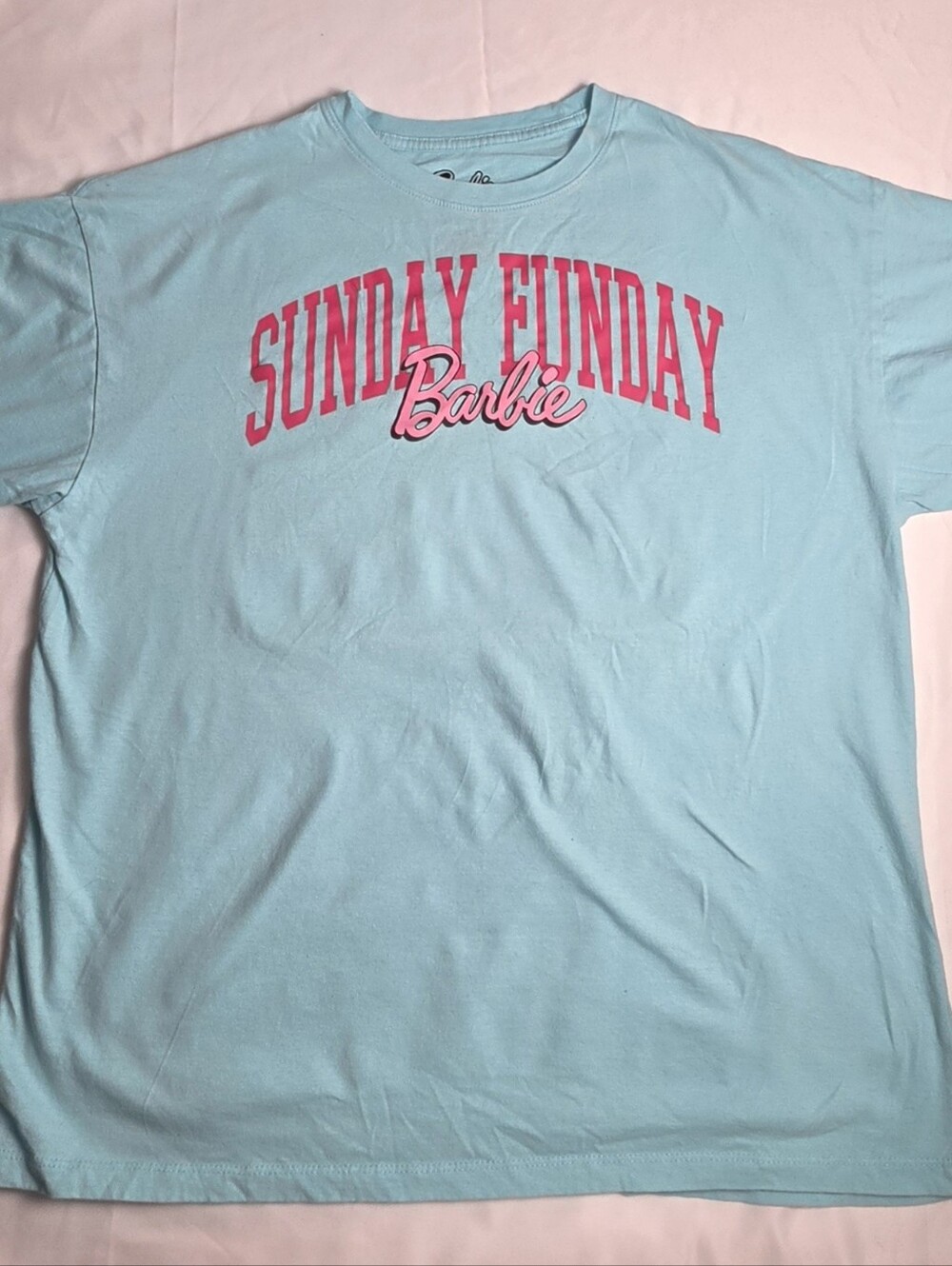 Barbie Sunday Funday Graphic T-Shirt Blue Pink Pool Back Print Size Small